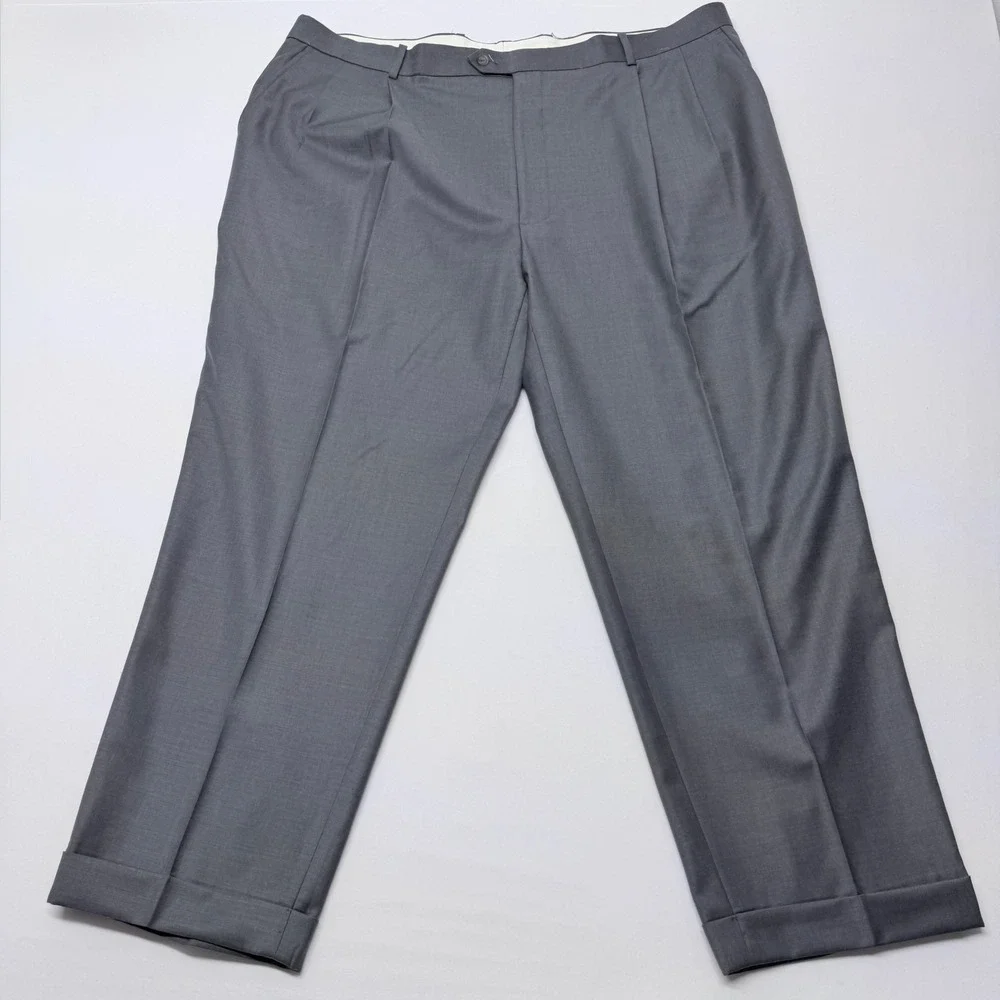 Botany 500 Mens Gray 100% Wool Pleated Cuffed Dress Pants Trousers 46 Regular